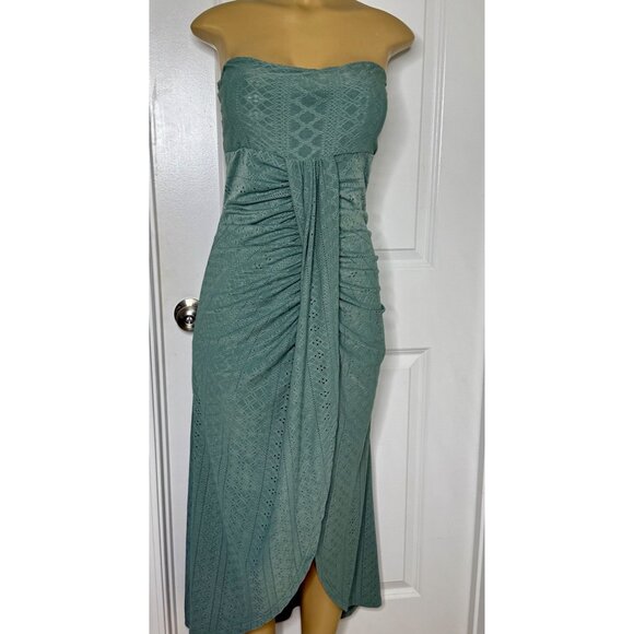 Strapless Teal Green Maxi Dress Ruched Front Eyelet Lace Detail CHICME Brand Siz - Picture 1 of 6
